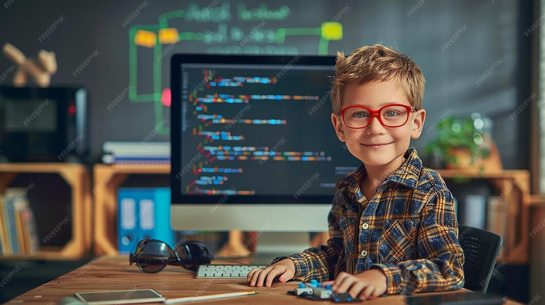 Home boy wearing glasses sits front computer with keyboard keyboard 1197721 150353